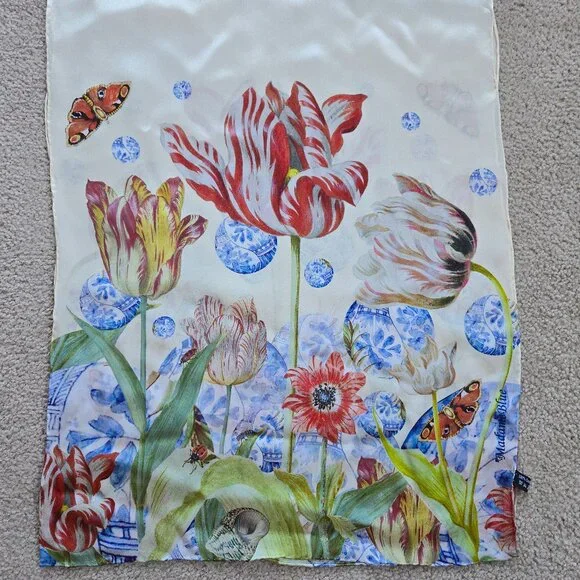 Silk Scarf Hand-Rolled Tulips Netherlands Oblong Madame Blue Floral - Picture 1 of 12
